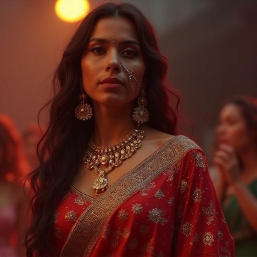 An Indian woman in traditional red attire standing on a public stage surrounded by a vibrant crowd. She wears ornate jewelry and is in a festive setting.