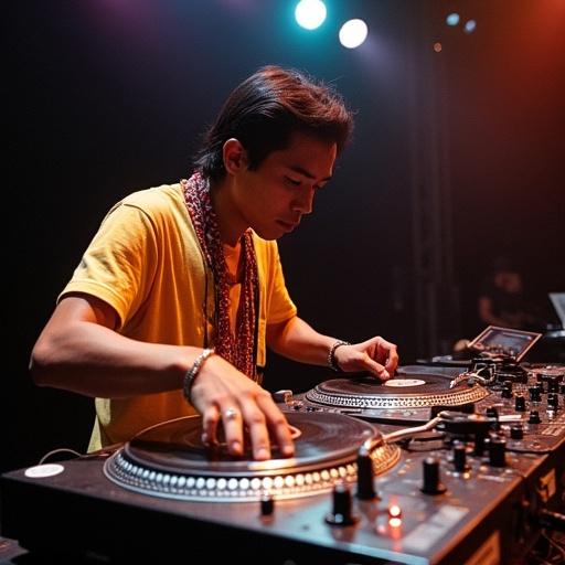 DJ performs on two turntables. Rapid turntable tricks done at high speed. Event held at 1992 Ortofon World DJ Mixing Championships eliminations. Turntables positioned closely together. Mixer located on right side. Dynamic lighting enhances stage presence.
