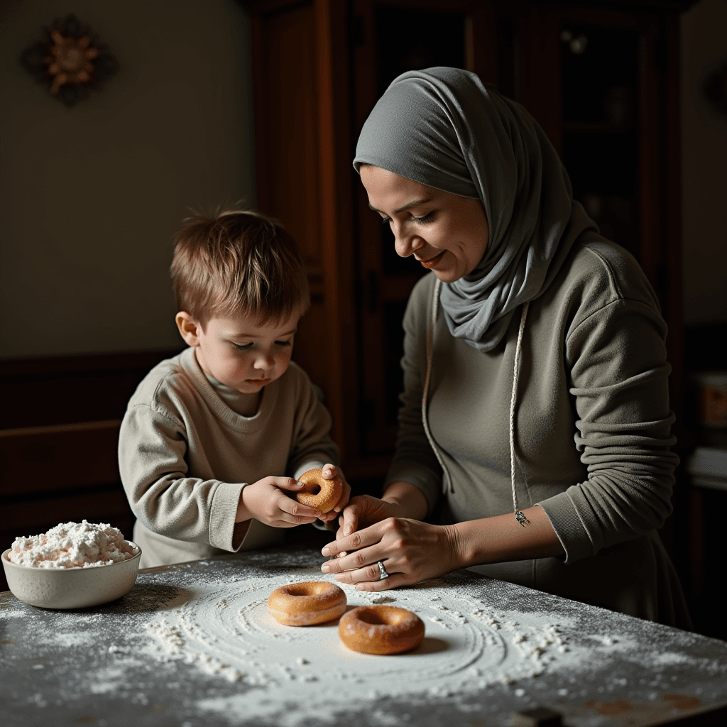 A woman and a child are making donuts together at a flour-dusted table.