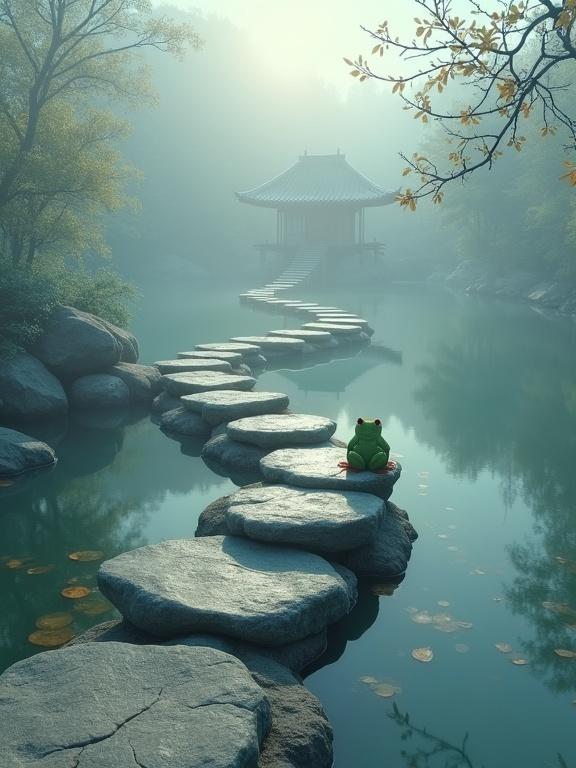 Stepping stones twist across a tranquil pond in fog. A tea house can be seen in the distance. A sinuous frog sits on a stone fishing at the edge. Rocks are partially submerged. The atmosphere is peaceful.