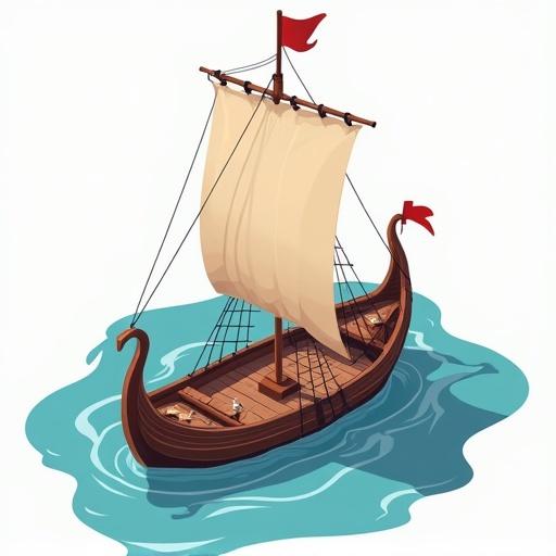 Illustration of a Viking ship in a solid color with a matte finish. The ship has a raised sail and flags, set on stylized water. The design features clean lines, with no shadows or gradients. The perspective is isometric and zoomed out for a full-framed view.