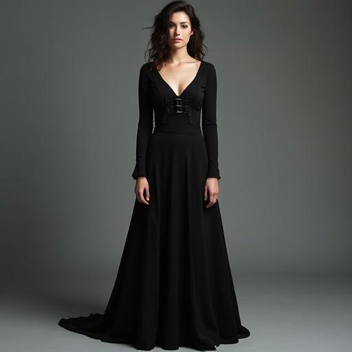 Full body shot of a model in an elegant black dress. The dress is floor-length with a fitted bodice and a flowing skirt. The model stands confidently, showcasing a strong yet approachable presence. The lighting captures the soft textures of the fabric and the model's pale skin, creating a harmonious contrast. The hair is dark, adding to the overall ethereal look. The setting is neutral, emphasizing the outfit.