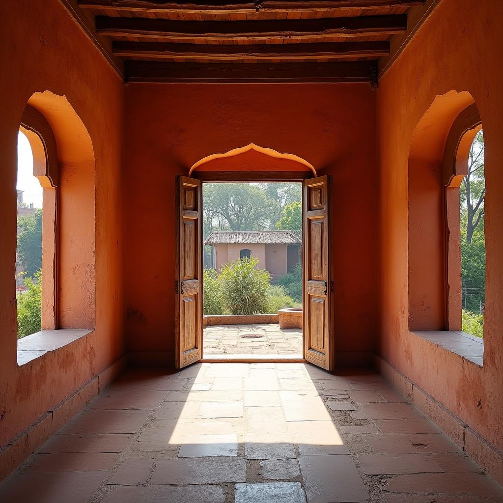 Inside view of a colorful Indian house featuring open doors. An ancient architectural style is showcased. Bright sunlight enters through the windows illuminating the space. Texture and color of walls are prominent.