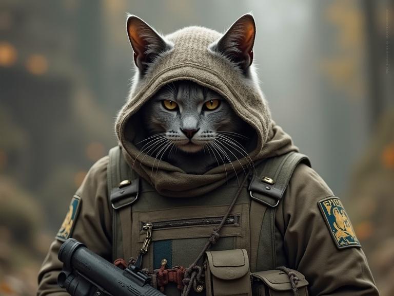 A cat character dressed as a soldier wearing a hoodie and holding a weapon. The setting has a mystical atmosphere with soft lighting and a blurry background.
