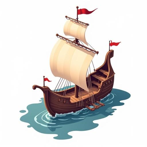 Medieval ship illustration with solid colors. The ship features sails and flags. Style is vector with a matte finish. No lighting or shadows. Clean lines with a construction aesthetic. Isometric perspective on a white background. Full frame visible, zoomed out view.