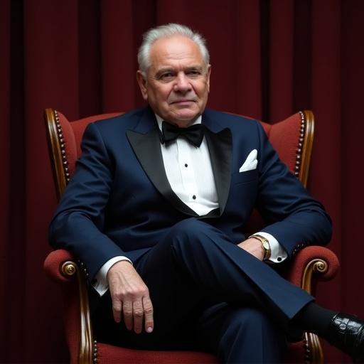 An older gentleman seated in a formal chair wearing a dark blue tuxedo and patent leather shoes. The tuxedo features a shawl collar and a white pocket square. A classic black bow tie adorns the collar, and white button-stud shirt with French cuffs are visible. A calm expression highlights his stature in this refined setting.