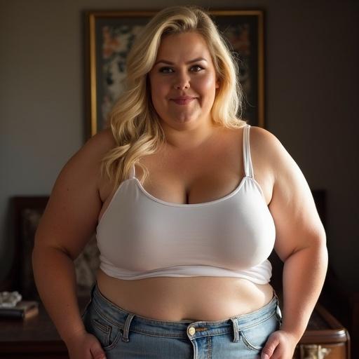 Portrait of a blonde woman with a confident smile. She has an attractive appearance. She has a curvy figure and is wearing a fitted white top with jeans. The background has a warm ambiance.