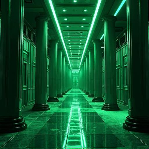 Anime visual of a futuristic corridor in an oversized building. Features prominent emerald green and black colors. Illustrates a modern and luxurious underground structure. Set in Shanghai, depicting a central hallway.