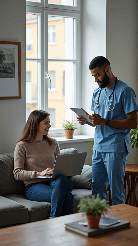 A healthcare professional in scrubs uses a tablet to consult with a woman sitting on a sofa with a laptop.