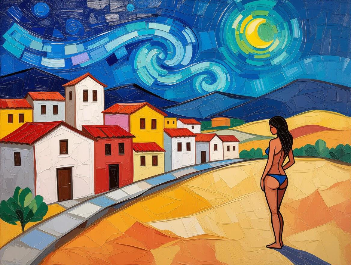 Colorful abstract painting representing a desert scene at night. A figure stands in the foreground near vibrant buildings. Thick brushstrokes create a textured surface. Iridescent tiles suggest depth and shine.