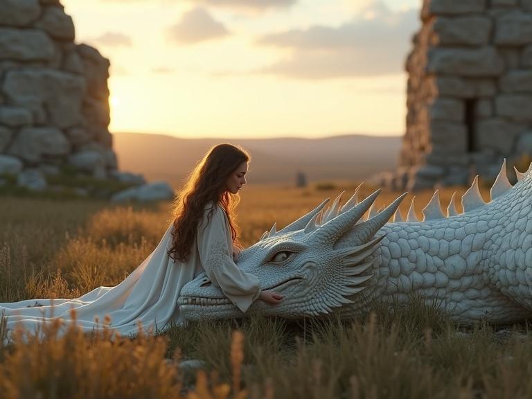 A vast cinematic landscape. Norse and Greek ruins are visible. Twilight sky over rolling grasslands. Two colossal ruined stone pillars in the foreground. A massive white dragon's head between the pillars. Elegant, smooth scales, partially overgrown with moss. A beautiful woman in medieval robes caresses the dragon. Her expression is calm and reverent. The dragon is sleeping with closed eyes. Emotional intimacy in the foreground, awe-inspiring scale in the background. Photorealistic and cinematic. Ultra-realistic textures, depth of field. Natural lighting during golden hour.