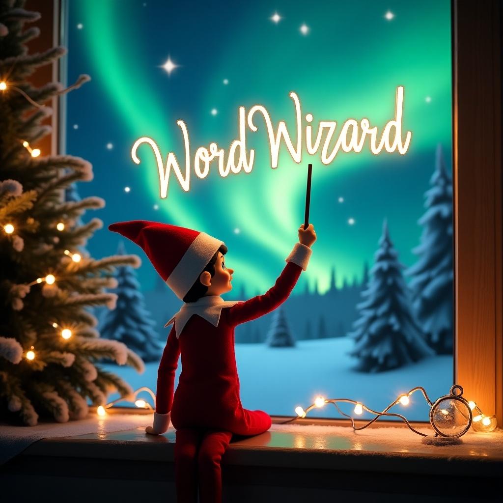 An enchanting Christmas scene with an elf facing the sky. The elf dressed in red and white holds a magic wand, writing 'Word Wizard' in glowing letters above. The background features vibrant northern lights and snow-covered trees. A magical and festive atmosphere captures the joy of the holiday season.