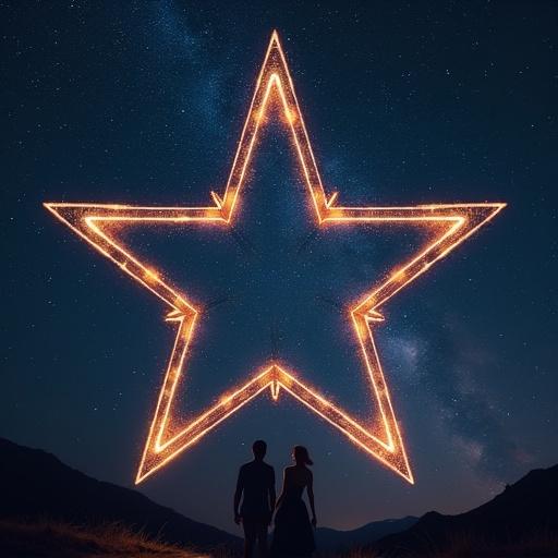 Glowing orange star in a starry night sky with a couple standing together beneath it. This image highlights the concept of a star and the meaning of 'YILDIZ' in Turkish.