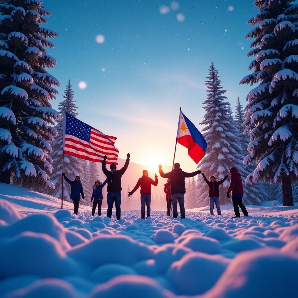 A snow-covered landscape with trees. People holding Philippines and US flags celebrating. Ideal for a company teaser for year end party.