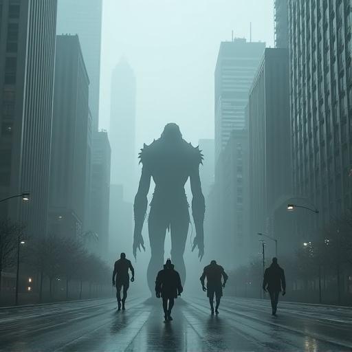 Grotesque towering beings with mismatched body parts march down a slick street. City shrouded in fog with iconic skyscrapers all around. Creatures move with unstoppable force, casting shadows over the city. Larger giants peer over misty mountains, watching the legion. Scene filled with epic, surreal energy.