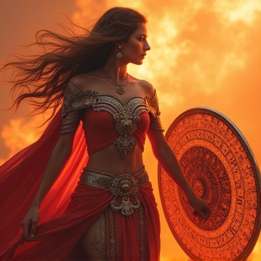 Goddesses of destruction shield attacker with red orange silver color palette.
