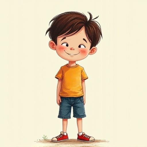 A boy character illustrated in a cheerful and minimal children's style. The boy has a friendly expression and is wearing a bright yellow shirt and denim shorts. The style features a crayon texture.