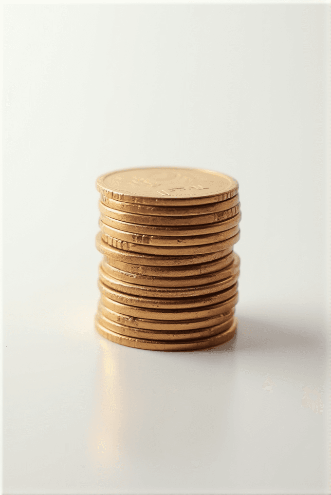 A neatly stacked pile of gold coins on a smooth, reflective white surface.