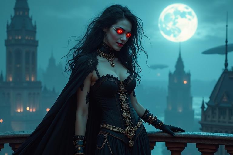 A stunning and seductive steampunk vampire queen stands on a gothic balcony under the full moon. Long wavy black hair and glowing red eyes. Tight corset-style dress with intricate lace and leather. A long dark cape flows behind her. Outfit adorned with metallic gears chains and gothic jewelry. Wears a high-tech monocle over one eye. Background features a Victorian-style cityscape with tall foggy towers and airships. Expression is regal and dangerous with sharp fangs. Lighting casts an eerie blue glow on her pale skin. Dark elegant cinematic atmosphere with gothic and steampunk aesthetics.