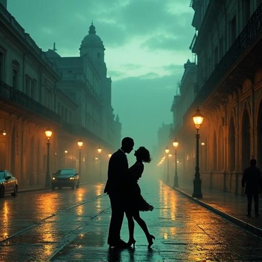 Digital illustration captures Buenos Aires skyline from 1895-1910 at dusk. Soft sepia and desaturated teal colors dominate the scene. Silhouette of early Art Nouveau buildings outlines the skyline. Street glistens with reflections after rain. A tango couple dances in the background, resembling a living shadow. Evocative atmosphere with photo-realistic textures and slight film grain. Cinematic composition invites viewers into the scene.