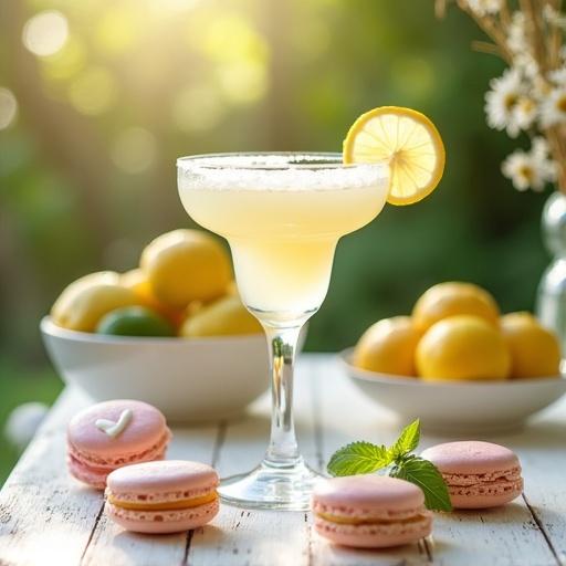 Sharp 4K image of cream and pale pink macarons with white heart decorations around a clear margarita glass filled with cocktail and fresh lemon slices. Bowl with lemons and limes, daisy flowers, and an airy patio with sunlight.