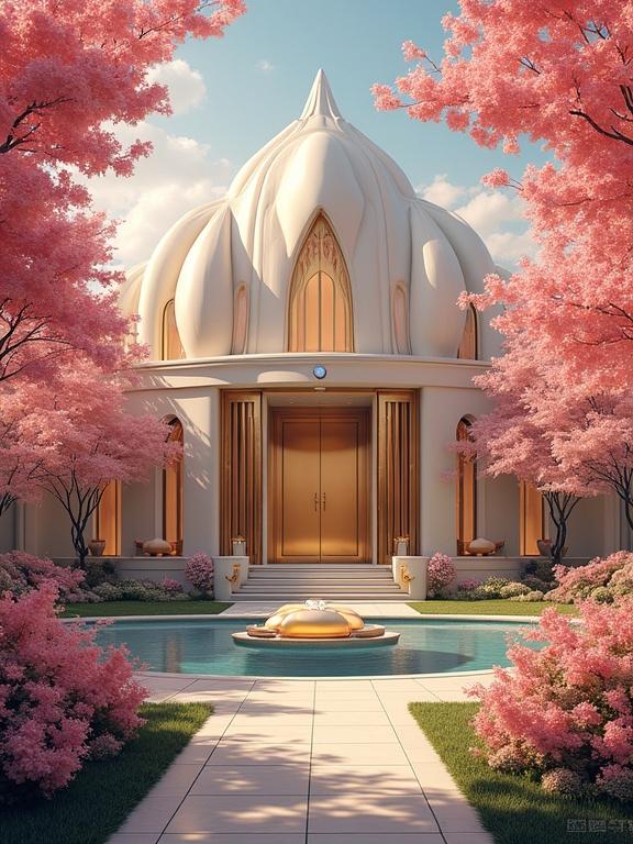 Anime setting in the year 2152. A futuristic mega mansion designed in light gold and onyx black. A gated community filled with oversized luxurious mansions. The scene is adorned with vibrant red cherry blossoms in summer. The entrance features golden lotus prints.