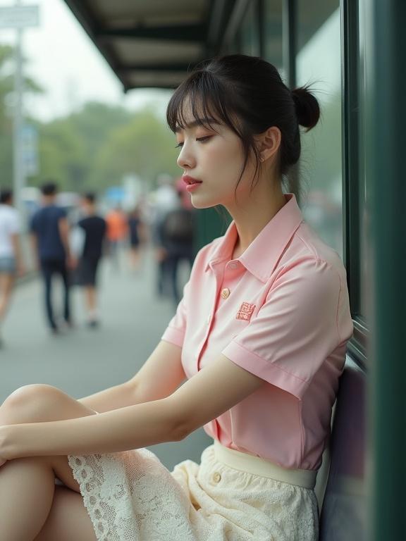 Woman sitting cross-legged at bus stop. She has tied hair. She wears white lace skirt and pink blouse. Eyes closed, mouth slightly opened. Fair skin and teasingly curved lips. Tranquil atmosphere. Full body in frame. Overexposed photo with visible film grain.