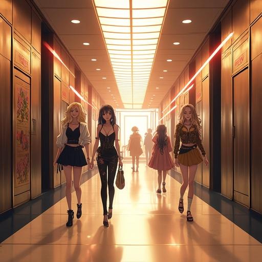 Futuristic anime scene set in an academy hallway. Three stylish students walk together. High-tech elements and luxurious design visible. Bright morning light enhances the atmosphere.