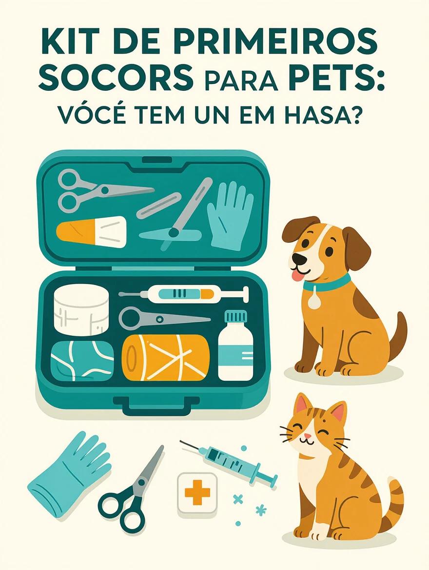 A veterinary first aid kit opened on a light-colored surface with gauze, thermometer, scissors, gloves, saline solution, antiseptic, towel, and syringe inside. Include friendly illustrations of a dog and a cat. Main title: 'Kit de Primeiros Socorros para Pets: você tem um em casa?' Modern visual style with soft colors.