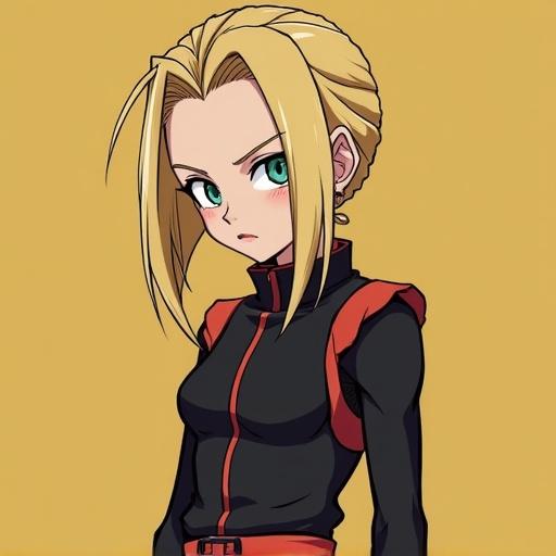 Realistic version of Android 18 from Dragon Ball with striking features. Character has long blonde hair, green eyes, and a fitted black and red outfit. Emphasis on confident expression.