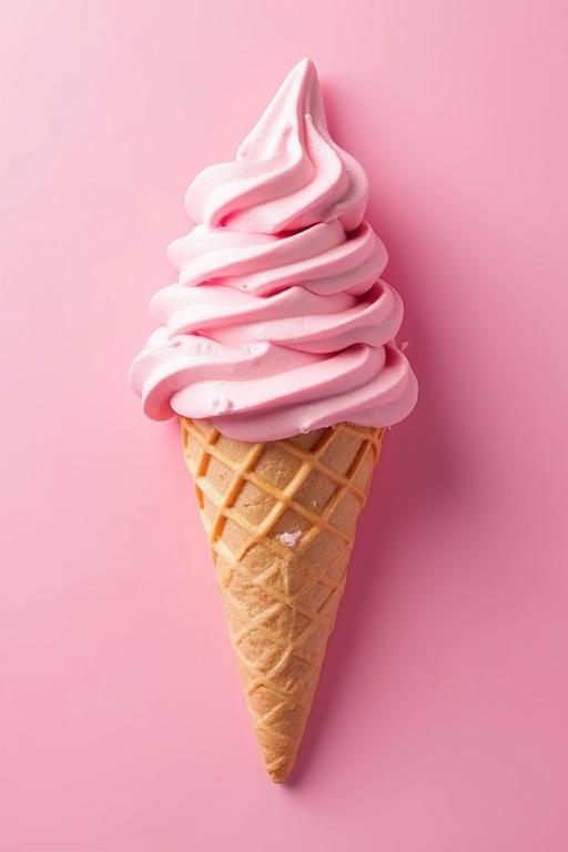 Ice cream in pink swirls on a cone against a pink background.