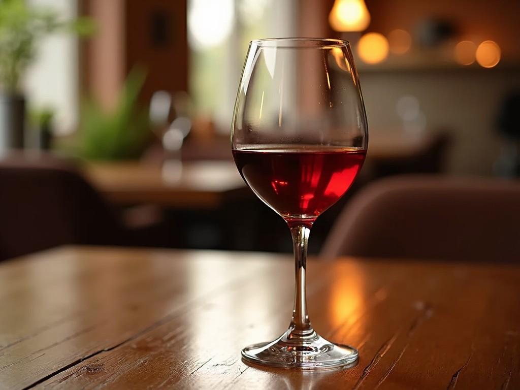 The image features a beautifully filled glass of red wine resting elegantly on a wooden table. Surrounded by a cozy atmosphere, with soft lighting creating a warm and inviting ambiance. The focus is on the clear glass showcasing the rich red color of the wine. In the background, subtle hints of greenery and blurred objects add to the relaxed setting. This scene evokes a sense of sophistication and comfort, perfect for enjoying a fine wine.