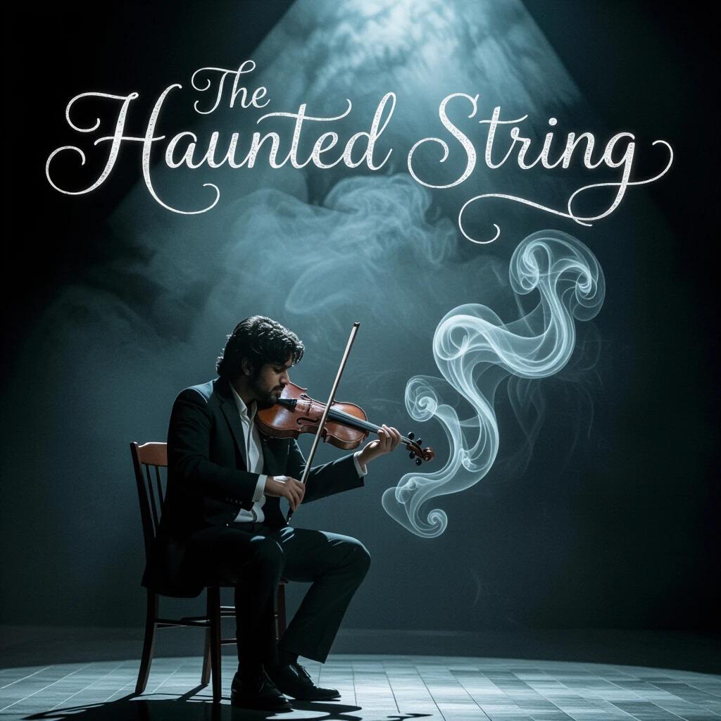 The image features a movie poster for The Haunted String. Title is written in delicate cursive intertwined with violin strings. Dev Patel is tuning an old violin alone on stage. Spirits are swirling around him in the dust motes. A single spotlight shines on him in a dark setting. The overall feel is dreamlike with an ambient glow and layers of ethereal smoke.