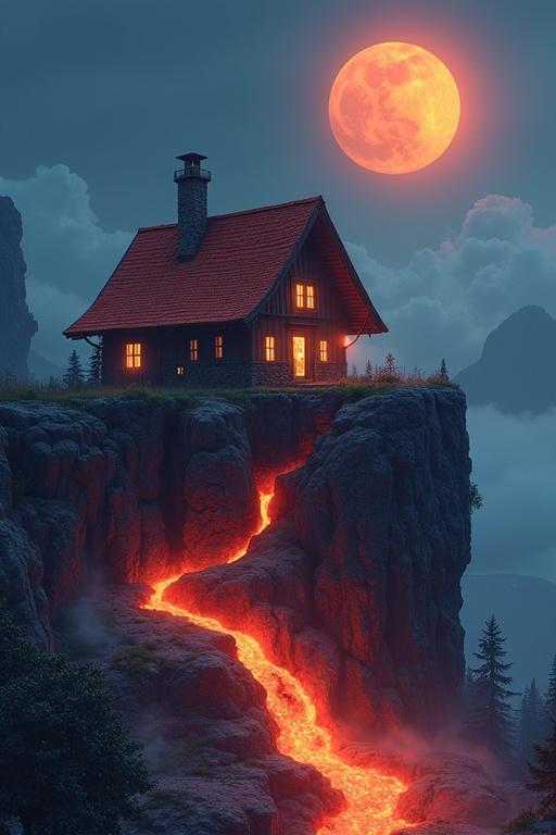 A dramatic scene of a house on a rocky cliff with lava flowing below. A large, glowing moon illuminates the landscape. Dark clouds surround the scene.