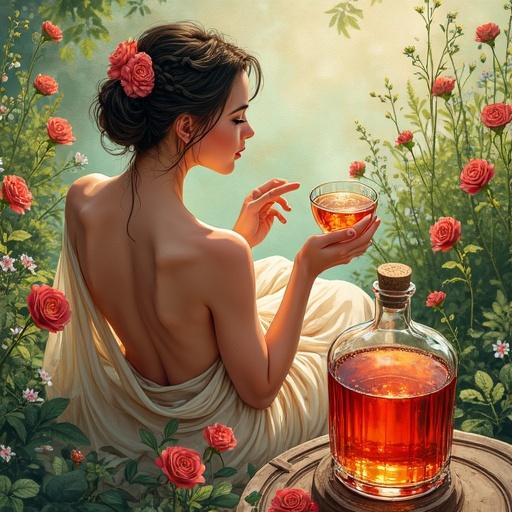 Ink and watercolor illustration of a venus goddess in a garden. She has pale skin and an alluring hourglass figure. Hair is braided into a bun with a flower. She wears a semi-transparent blouse and a wrap-skirt. She toasts with a cocktail glass filled with reddish liqueur. A large spirit bottle is in the foreground labeled 'ALFRUNO'. The setting is serene and enchanting with flowers and lush greenery.