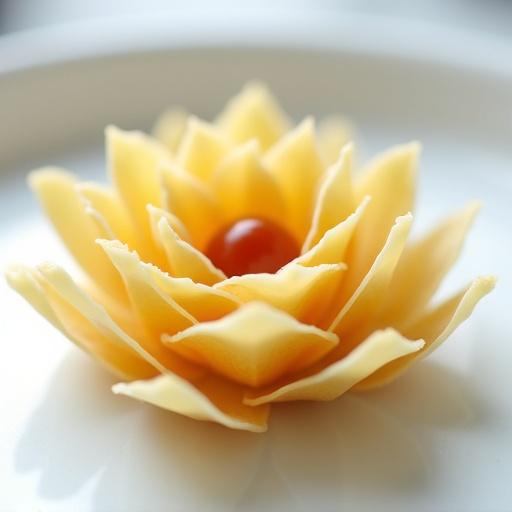 Macro timelapse of flowerbud made from lasagna sheets on white porcelain plate. Soft studio light reveals opening petals. Elements evoke Italian memory like Parmesan crisps, prosciutto dust, and tomato confit. Milk skin drapes petal. Heart reveals aged Modena vinegar caviar and warm ricotta foam. Edible composition signifies childhood and elegance.