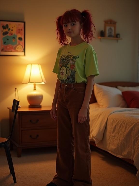 A photo shows a woman standing in a dimly-lit bedroom with warm lighting. She wears a lime-green T-shirt with a cool design. Long brown corduroy bellbottom trousers cover her black socked feet. Her hair is styled in messy red pigtails. The background features a bed and a nightstand with a lamp.