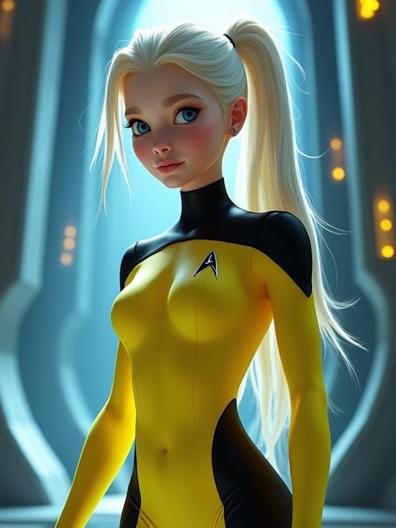 Futuristic character design in a sci-fi setting featuring a female character with long white hair in a yellow and black high-cut swimsuit. The character has blue eyes and an iconic Star Trek emblem, portrayed from a low angle with dramatic lighting.