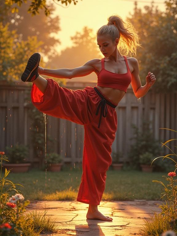 Woman training high kicks in a backyard during sunset. Sunny glow highlights her form and athletic wear. Sweat dripping creates realistic detail. Emphasizes dynamic movement.