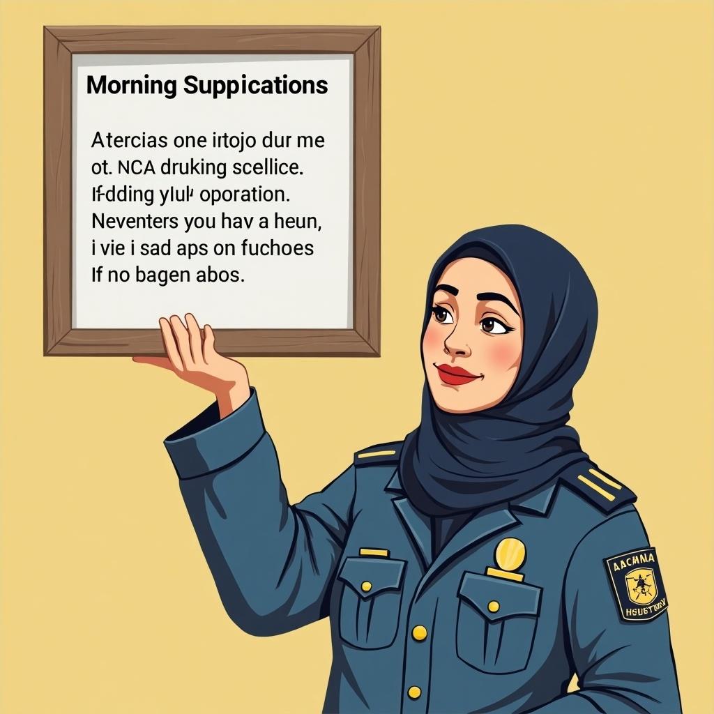 A female police officer avatar wears a headscarf and holds a framed piece of text with morning prayers.