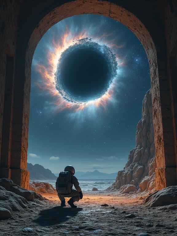 A surreal scene inside an abandoned temple. An astronaut kneels in contemplation. A black hole looms in the archway. An altar made of dark matter is visible. Gravitational waves emit from the altar. Stars appear distorted in the landscape. A halo of polarized light creates a corona around the scene.