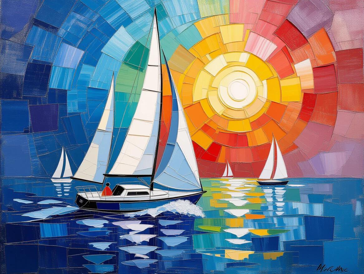 Vibrant sailboat race on water. Abstract artwork showcasing bright colors. Impasto and craquelure techniques used. Volumetric soft brush strokes. Deep color palette enhances visual appeal.