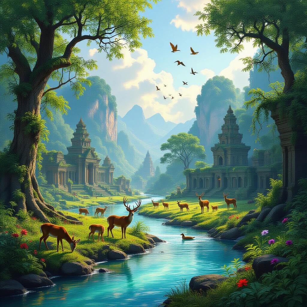 A serene landscape blending past and present. A lush vibrant forest with diverse wildlife like deer and birds. A crystal-clear river meanders through the scene. Ancient ruins covered in moss and vines are visible among well-preserved buildings. Modern buildings designed with green technologies coexist with nature. The sky shows a gradient from sunrise to sunset, symbolizing the passage of time. The atmosphere evokes tranquility and the beauty of nature across the ages.