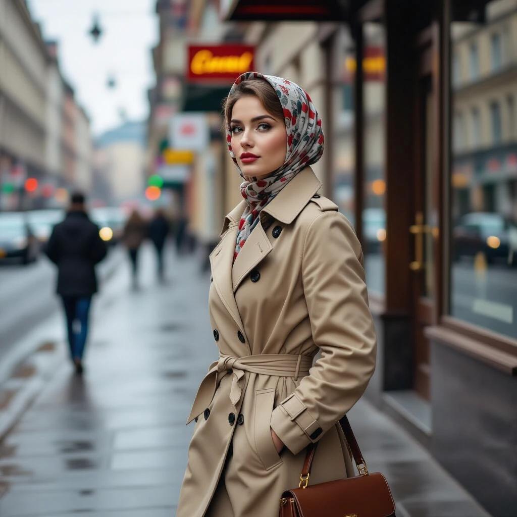 A woman walks along a wet sidewalk in Moscow. She wears a knee-length beige trench coat and a headscarf. A leather handbag hangs on her shoulder. The camera captures her turning her head towards the photographer. Background features a moving Czechoslovak tram and vintage street elements. The scene evokes a nostalgic mood.