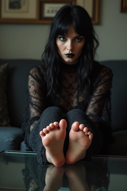 Mature goth woman has long black hair and black lips. She has wounded soles of bare feet. She sits on the couch with her feet on the glass table.