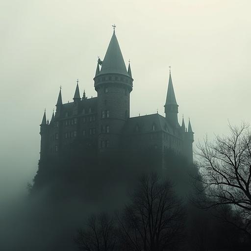 A dark Gothic castle shrouded in mist. The castle features tall spires and crenellations. The composition is shadowy and indistinct. The view is from a high angle, resembling a double exposure. The colors are mainly grey with black and white tones. The scene evokes a sense of eeriness and mystery.