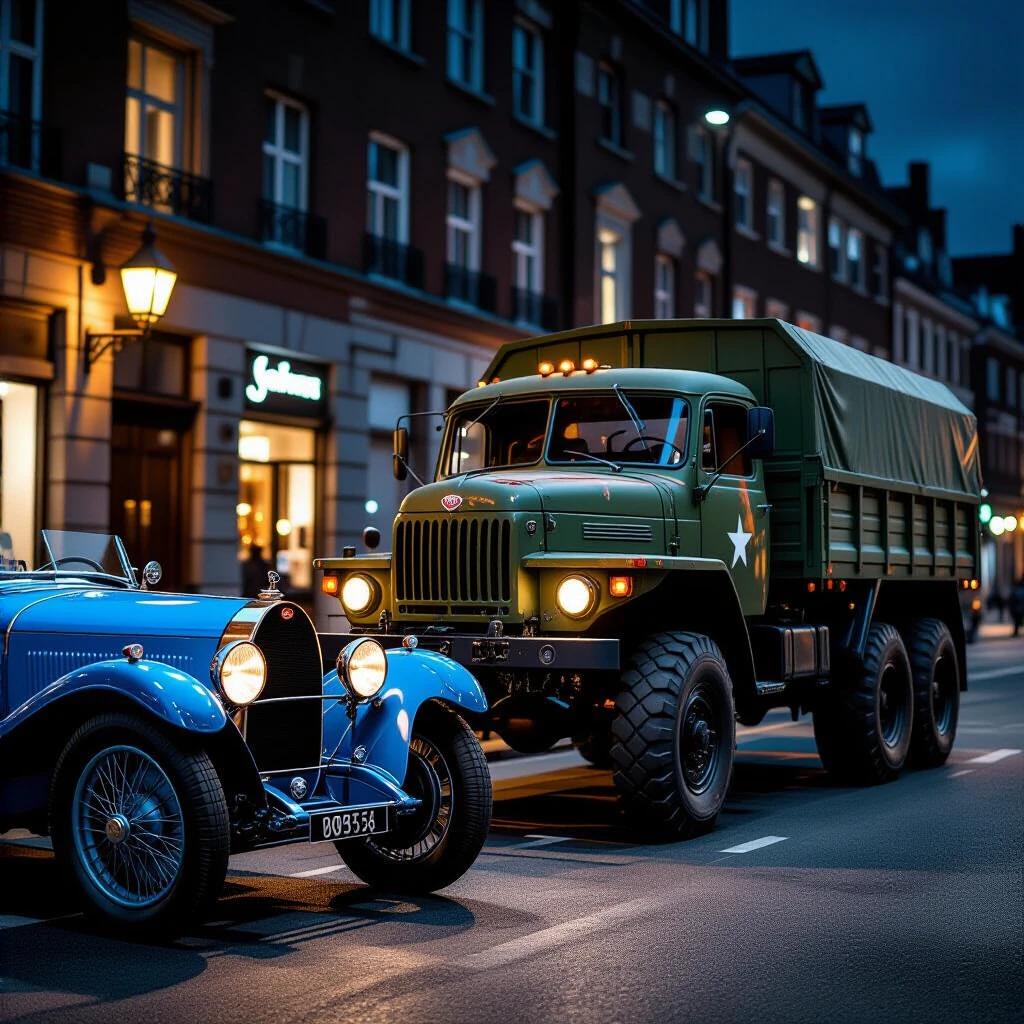 Photorealistic night street scene featuring a 1924 Bugatti Type 35 in French racing blue parked curbside. A huge Soviet 6x6 military truck is parked behind it. Details include chrome wire wheels, hand-beaten aluminum body, exposed gearbox, rusted paint. Rain-slicked cobblestones reflect street signs and holographic ads. Low-angle shot captures size disparity. Steam rising from Bugatti’s exhaust. Shot on a Leica camera with aperture f/4.