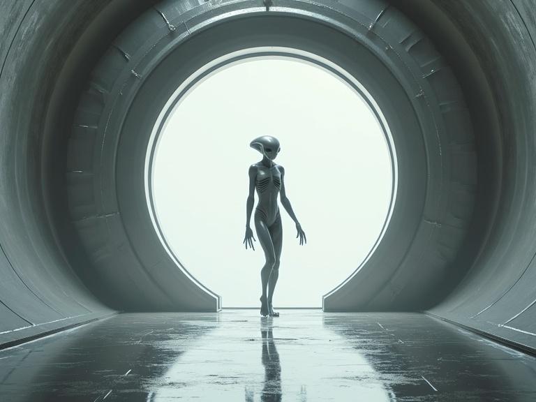 A photorealistic alien emerges from a circular opening in a sleek, silver metallic UFO. The setting is futuristic with a bright interior, showcasing textures and reflections on a smooth surface.