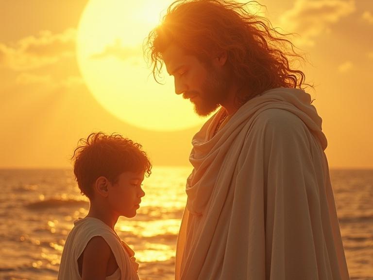 Majestic god of the Sun with curly hair and beard wears white and gold tunic. Helios gazes at his curly-haired son dressed in a white cloak. Background features a vibrant sunset over the ocean.