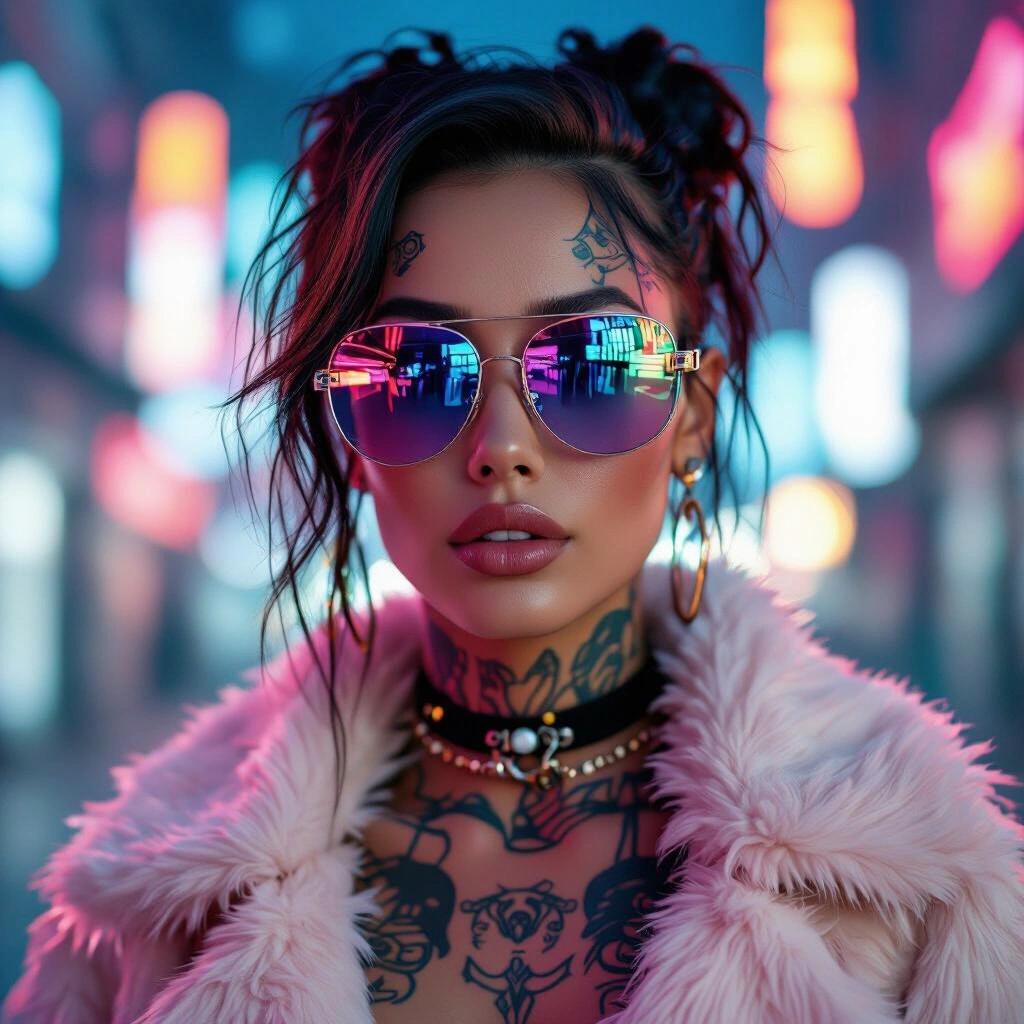 Album cover features a cyberpunk model with tattoos. Model wears futuristic sunglasses. Soft colorful lighting creates a dreamy atmosphere. Bokeh effects in the background enhance artistic appeal. Model showcases glamorous fur styling.